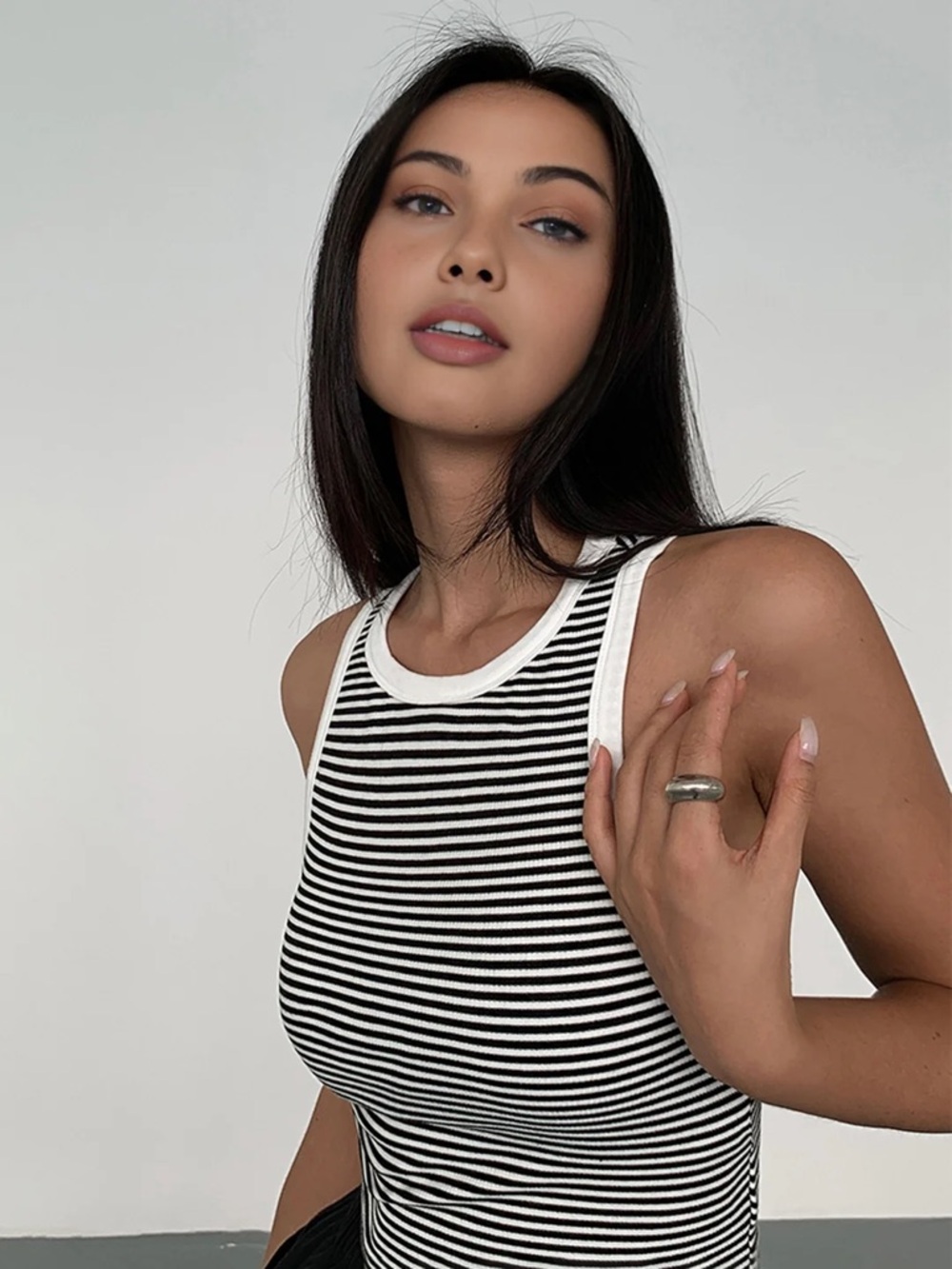 Commense Black & White Striped Ribbed Tank